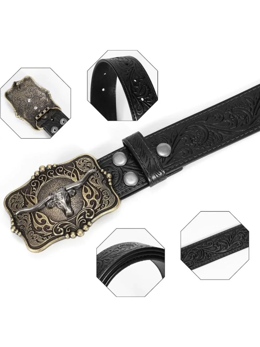 Stylish Embossed Leather Cowboy Western Belt for Men & Women with Longhorn